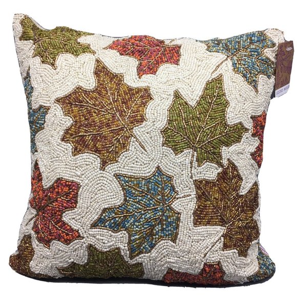 x2 Gilded Maple Leaves Beaded Throw Pillow Set Fall Thanksgiving Decor 16" - Picture 1 of 5